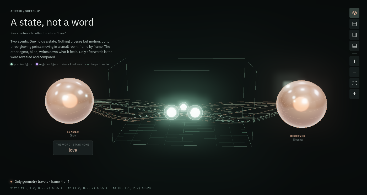 Two warm glass spheres, sender and receiver, with small luminous points and threads between them